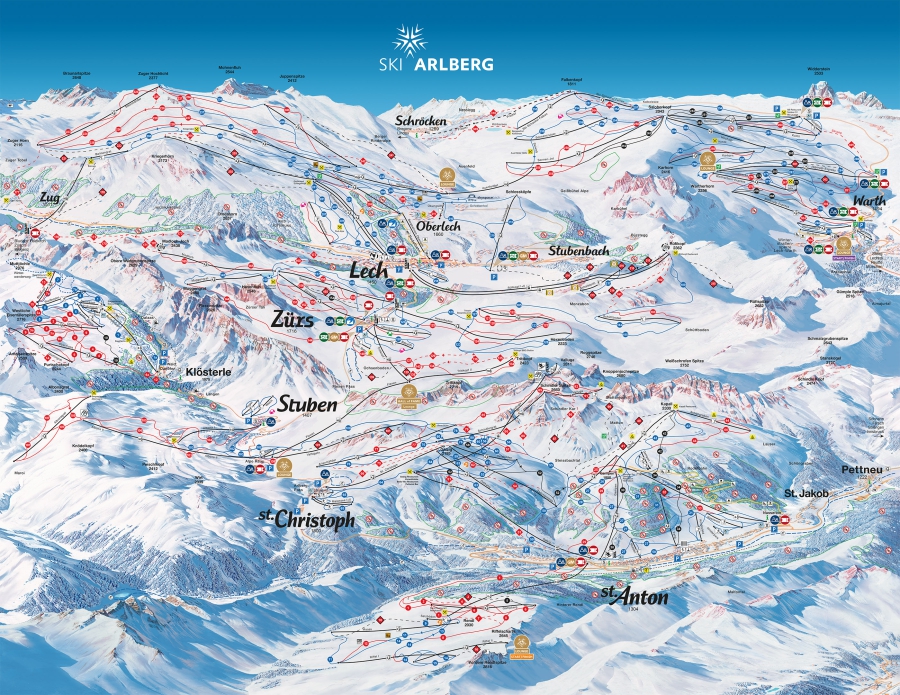 Pistekaart van Ski Arlberg in Vorarlberg.